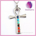 Natural gemstone alloy pendant, seven chakra stone cross pendant colorful